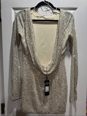 Fashionnova Sequined Long Sleeve Mini Dress - Champagne